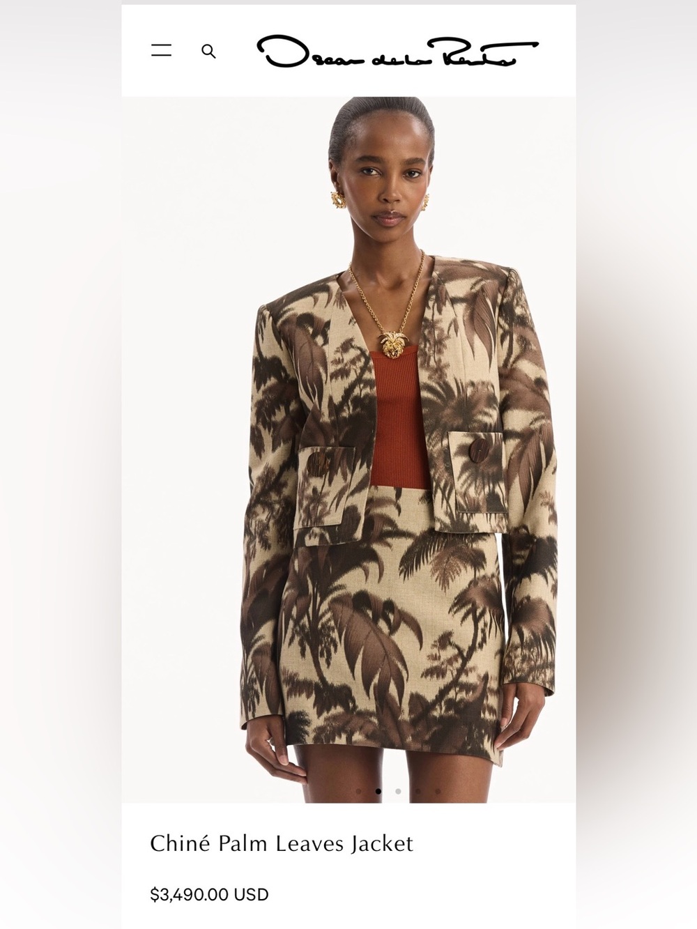 Oscar de la Renta Brown and Cream Palm-Print Cropped Jacket
